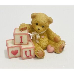 Cherished Teddies Figurine I Love U Teddy Bear 156515  Nursery Baby Pink Blocks